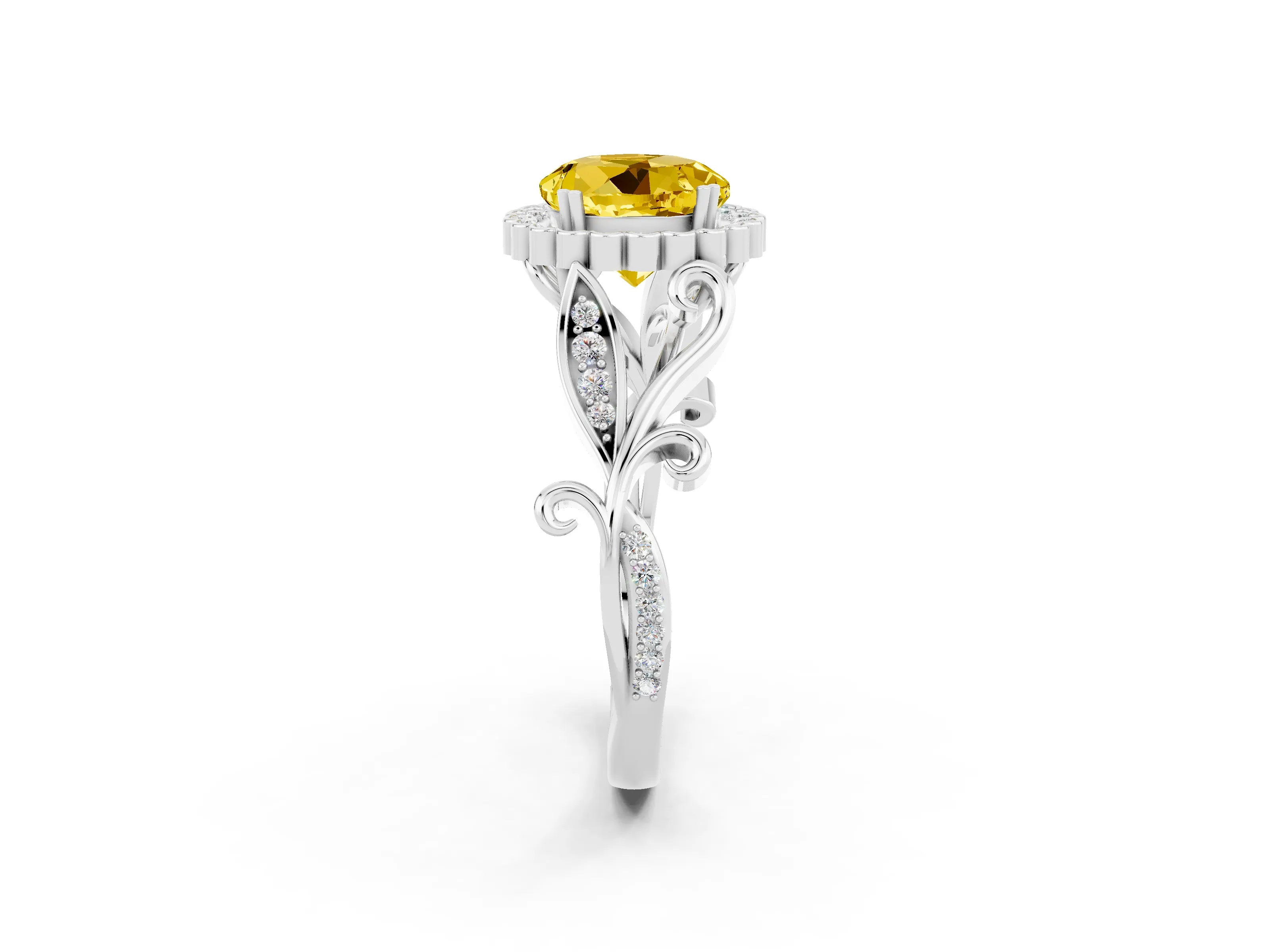 White gold Round Cut Yellow Sapphire Halo Ring with Vintage Split Shank and Four-Prong Setting_22
