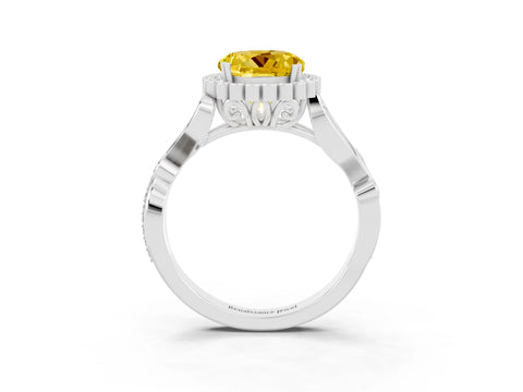 White gold Round Cut Yellow Sapphire Halo Ring with Vintage Split Shank and Four-Prong Setting_23