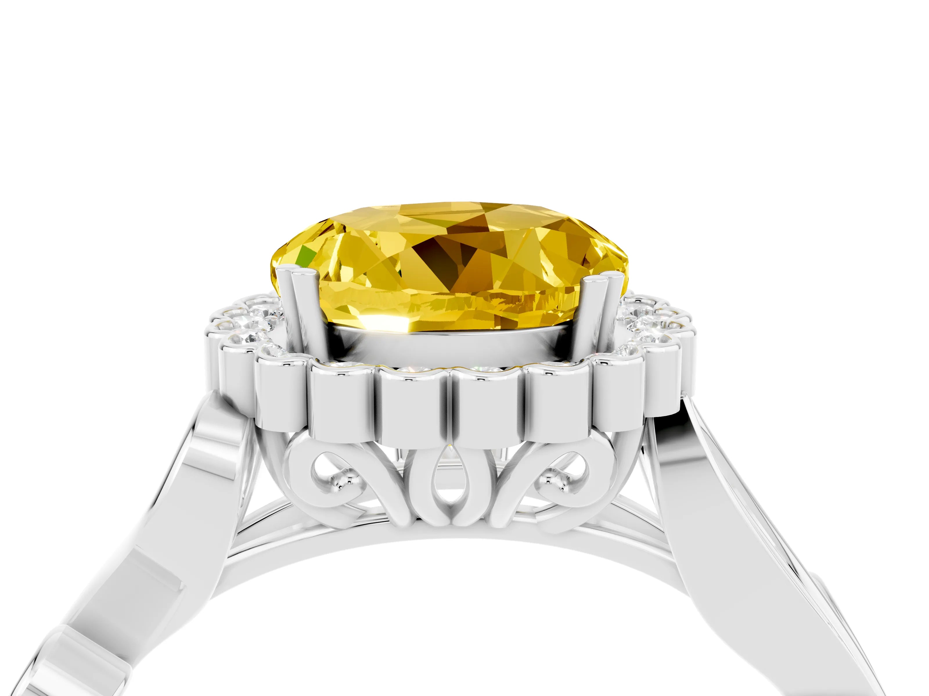 White gold Round Cut Yellow Sapphire Halo Ring with Vintage Split Shank and Four-Prong Setting_24
