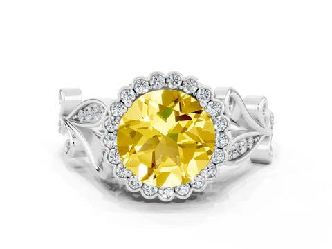 White gold Round Cut Yellow Sapphire Halo Ring with Vintage Split Shank and Four-Prong Setting_24