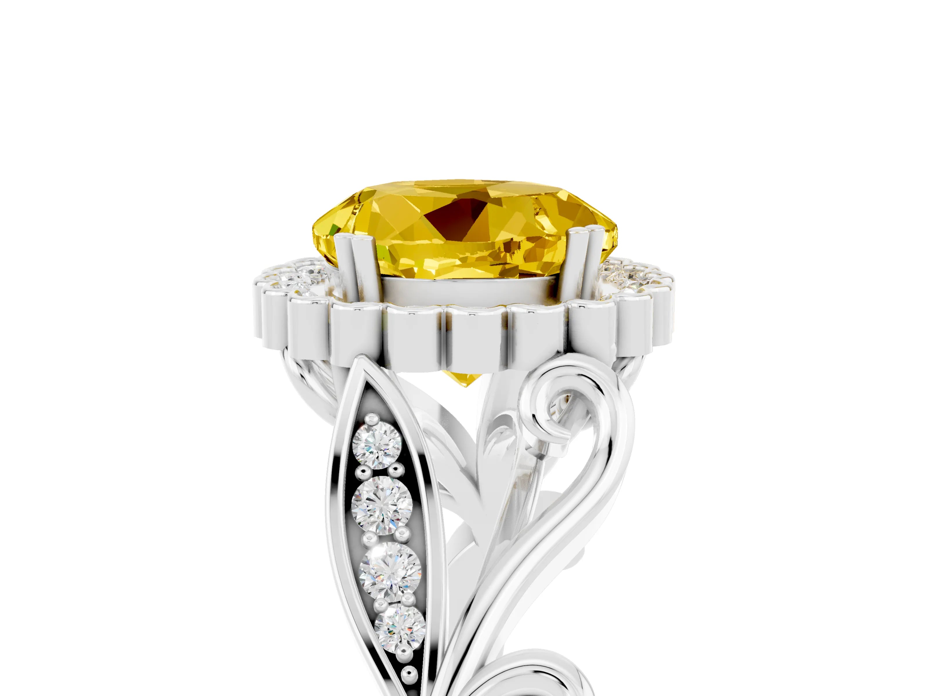 White gold Round Cut Yellow Sapphire Halo Ring with Vintage Split Shank and Four-Prong Setting_25