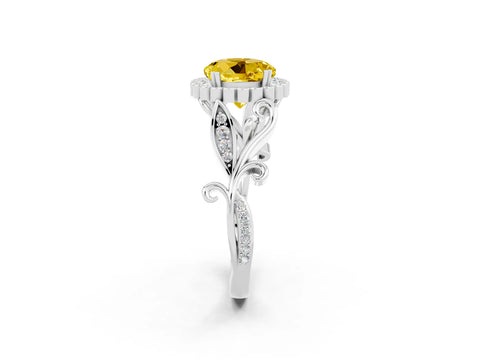 White gold Round Cut Yellow Sapphire Halo Ring with Vintage Split Shank and Four-Prong Setting_26