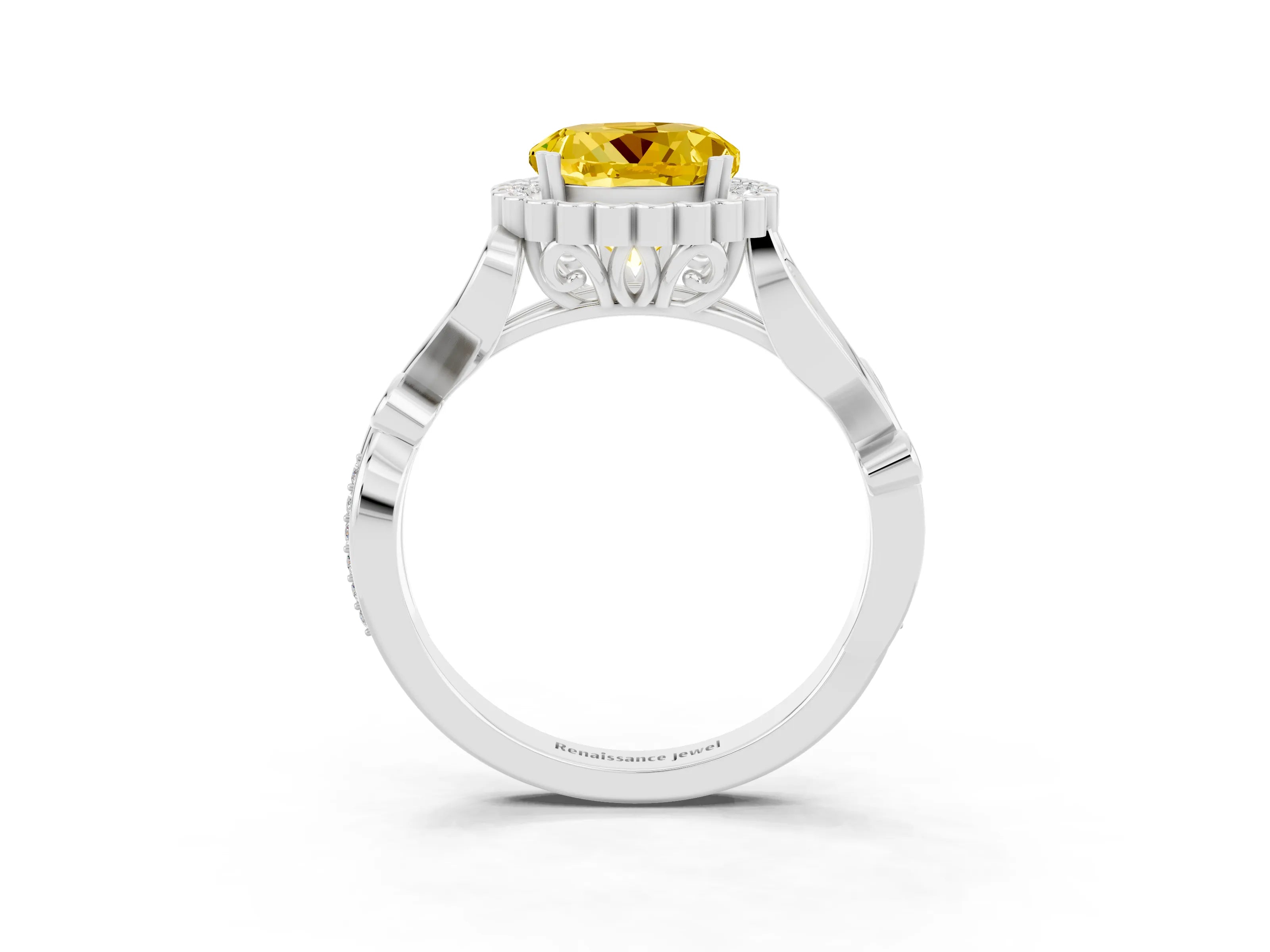 White gold Round Cut Yellow Sapphire Halo Ring with Vintage Split Shank and Four-Prong Setting_27