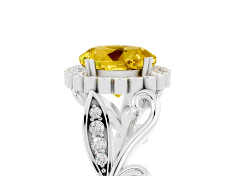 White gold Round Cut Yellow Sapphire Halo Ring with Vintage Split Shank and Four-Prong Setting_29