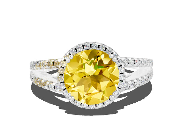 Platinum Round Cut Yellow Sapphire Halo Split Shank Engagement Ring
