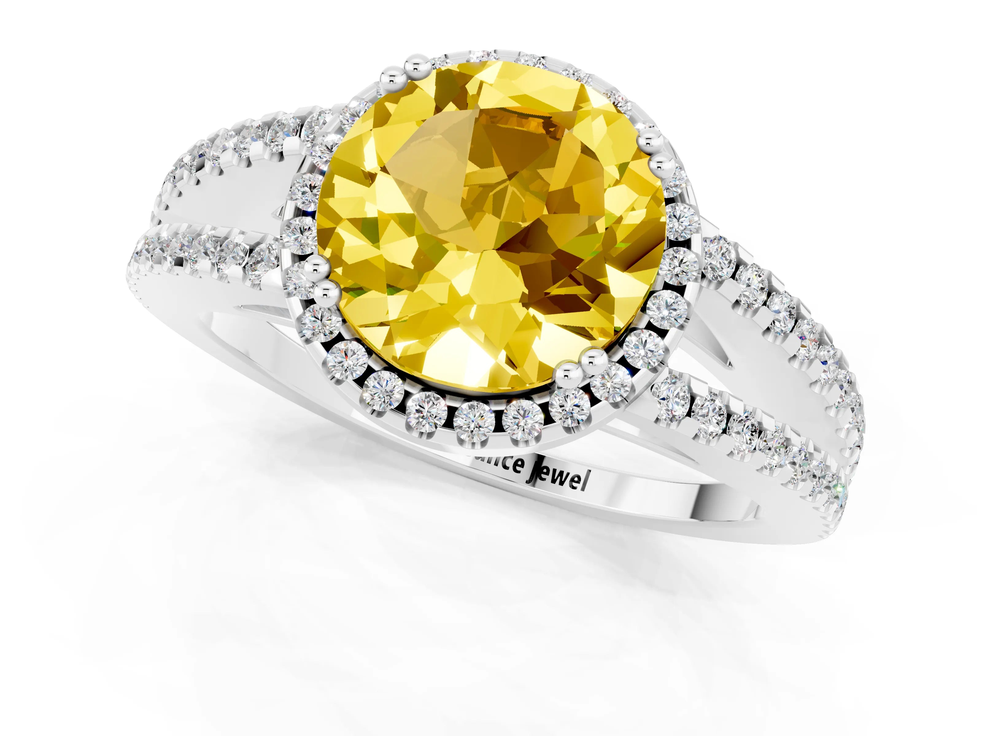 White gold Round Cut Yellow Sapphire Halo Split Shank Engagement Ring_13