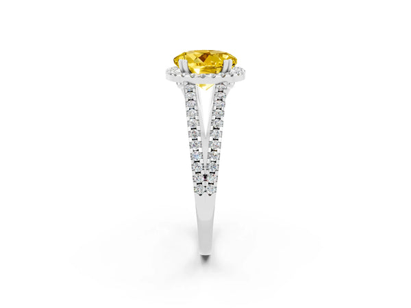 Platinum Round Cut Yellow Sapphire Halo Split Shank Engagement Ring