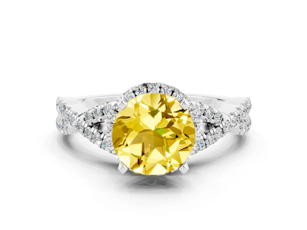 Platinum Round Cut Yellow Sapphire  Halo Twist Band Solitaire Prong Setting Ring