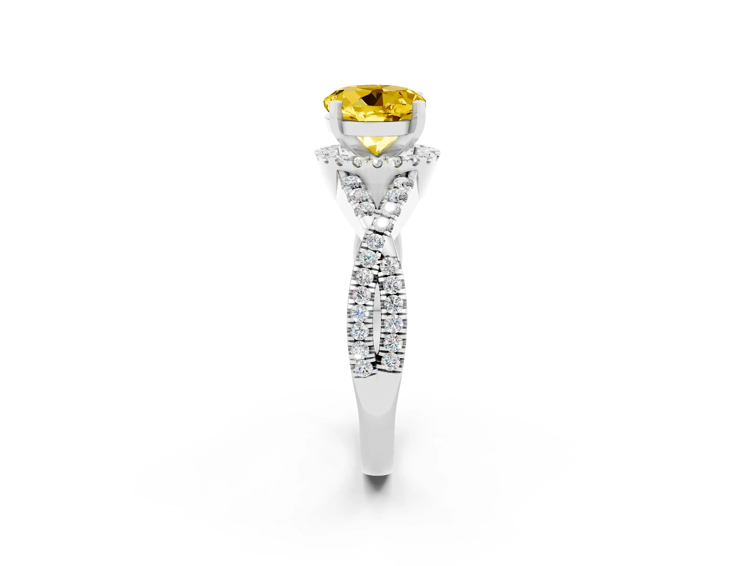 White gold Round Cut Yellow Sapphire Halo Twist Band Solitaire Prong Setting Ring_26
