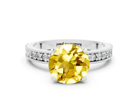 White gold Round Cut Yellow Sapphire Milgrain Pavé Engagement Ring with Four-Prong Setting_24