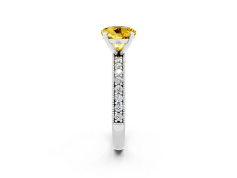 White gold Round Cut Yellow Sapphire Milgrain Pavé Engagement Ring with Four-Prong Setting_26