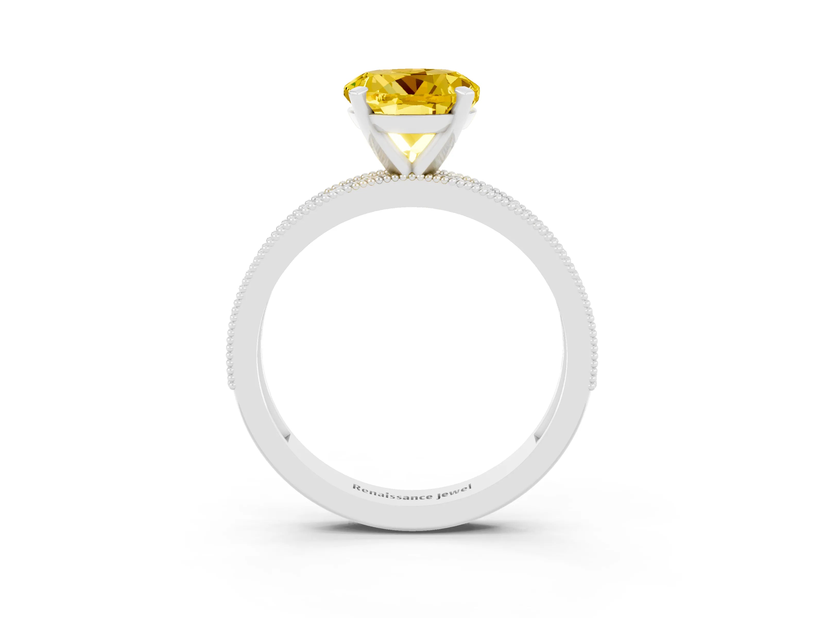 White gold Round Cut Yellow Sapphire Milgrain Pavé Engagement Ring with Four-Prong Setting_27