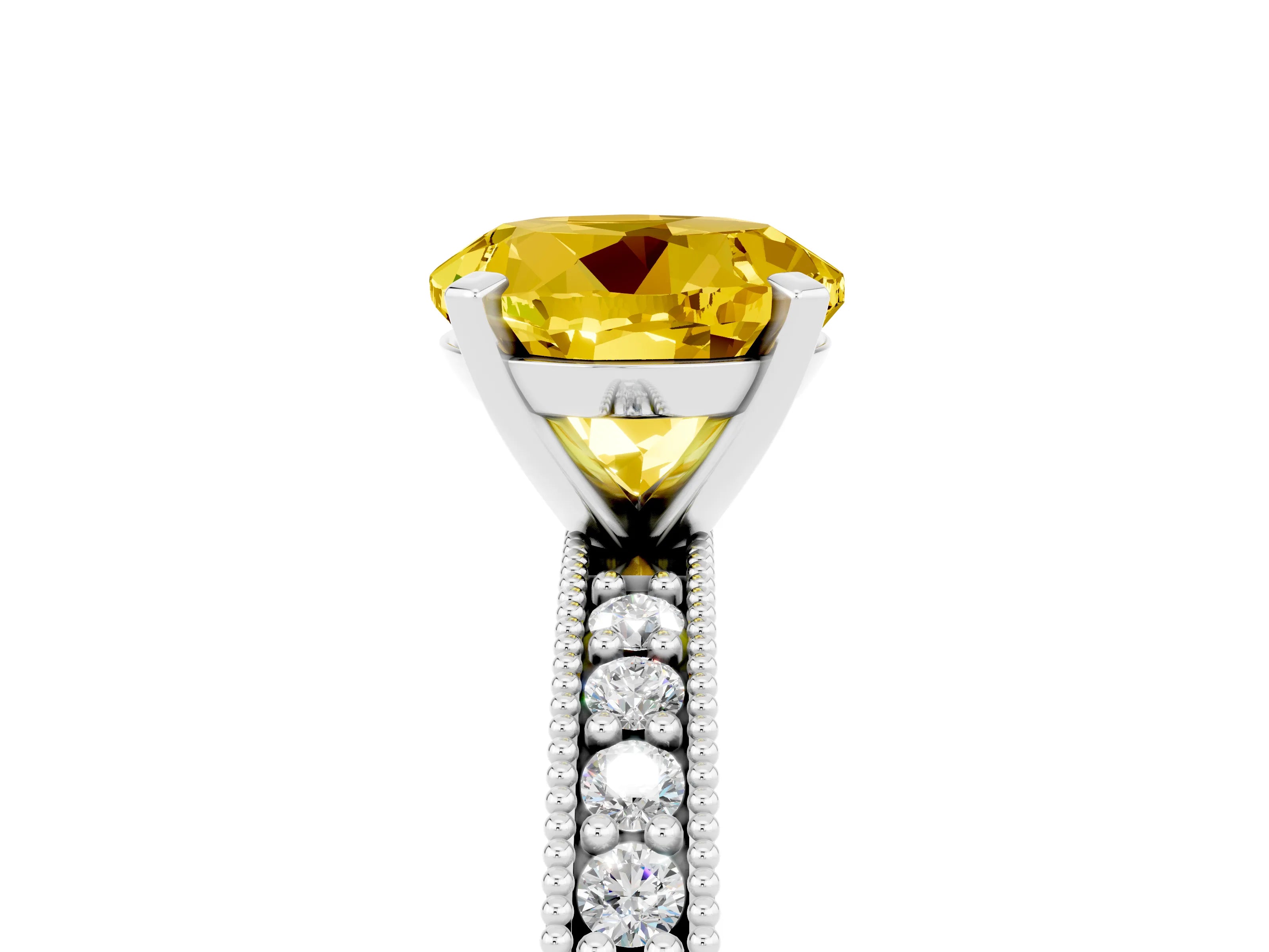 White gold Round Cut Yellow Sapphire Milgrain Pavé Engagement Ring with Four-Prong Setting_29