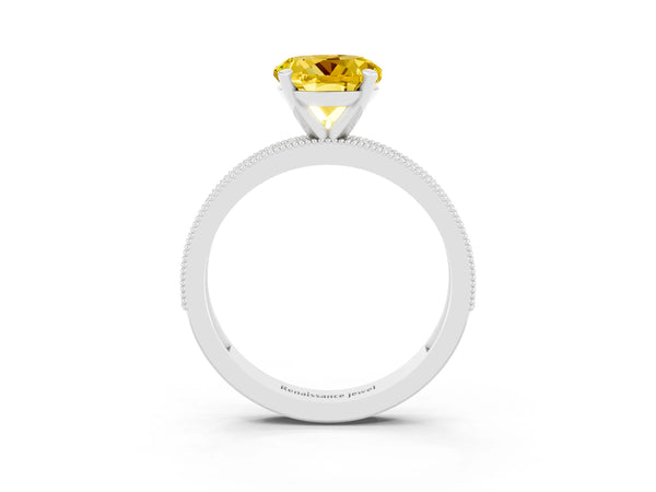 White gold Round Cut Yellow Sapphire Milgrain Pavé Engagement Ring with Four-Prong Setting