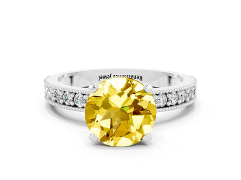 White gold Round Cut Yellow Sapphire Milgrain Pavé Engagement Ring with Four-Prong Setting_36