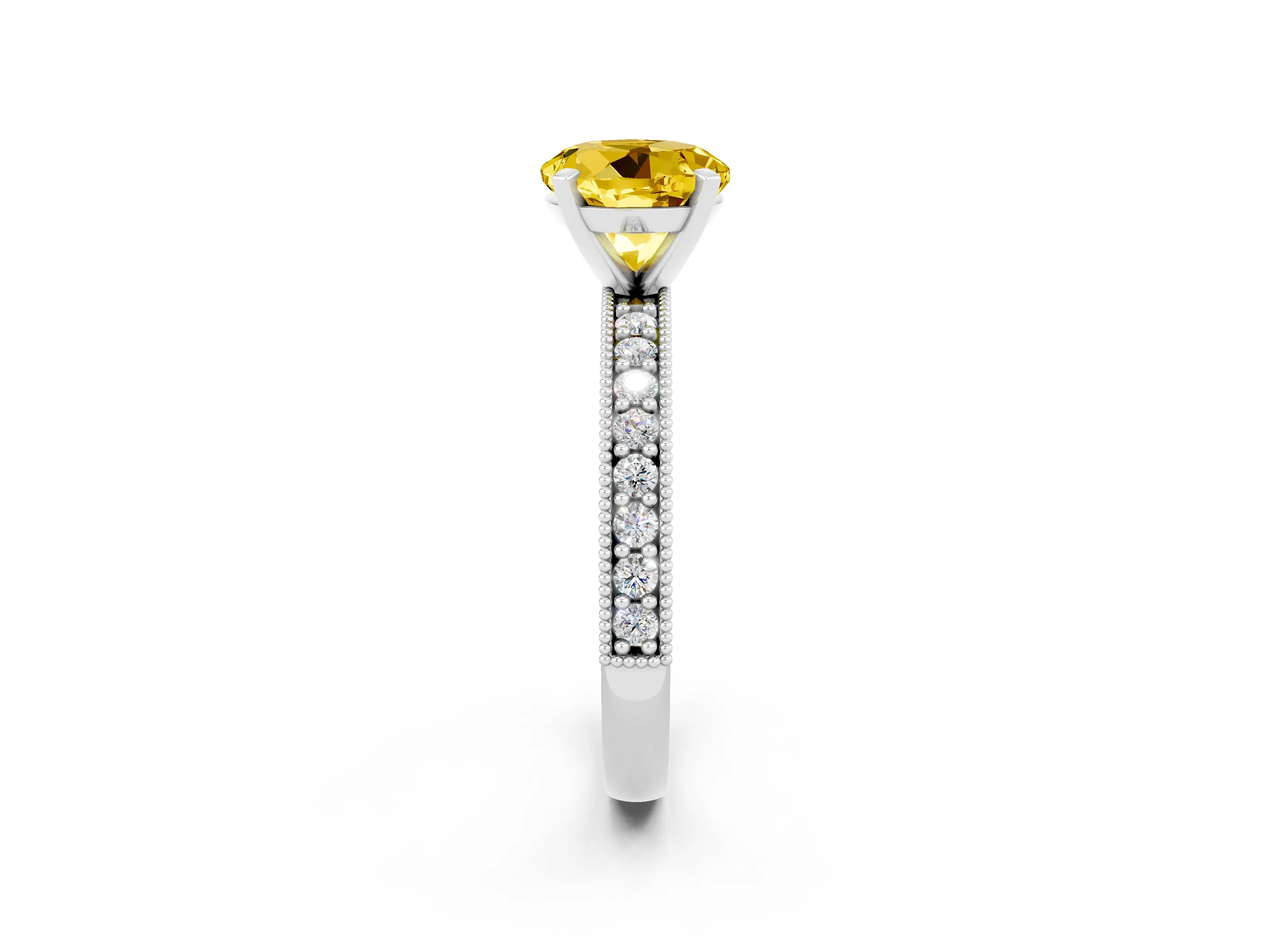White gold Round Cut Yellow Sapphire Milgrain Pavé Engagement Ring with Four-Prong Setting_48