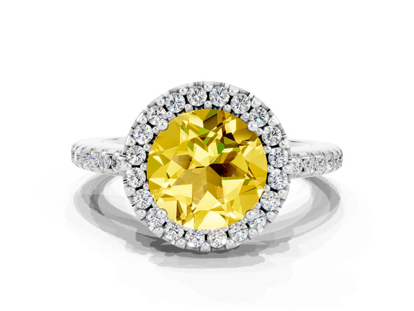 White gold Round Cut Yellow Sapphire Pavé Halo Ring with Four-Prong Setting
