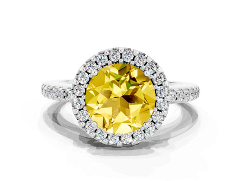 White gold Round Cut Yellow Sapphire Pavé Halo Ring with Four-Prong Setting_12