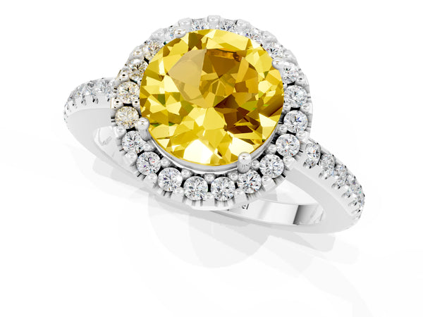 White gold Round Cut Yellow Sapphire Pavé Halo Ring with Four-Prong Setting