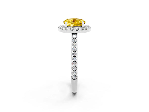 White gold Round Cut Yellow Sapphire Pavé Halo Ring with Four-Prong Setting