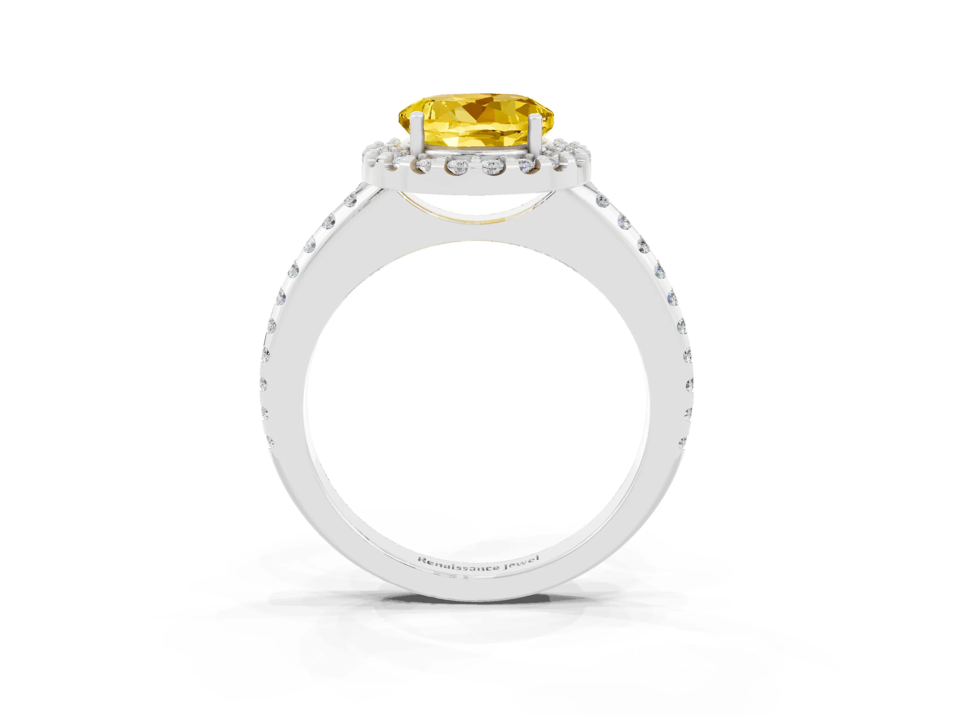 White gold Round Cut Yellow Sapphire Pavé Halo Ring with Four-Prong Setting_15