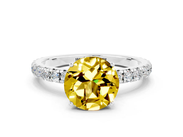 White gold Round Cut Yellow Sapphire Pavé Solitaire Engagement Ring with Four-Prong Setting