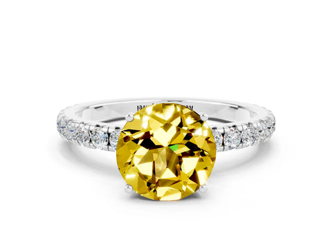 White gold Round Cut Yellow Sapphire Pavé Solitaire Engagement Ring with Four-Prong Setting_12