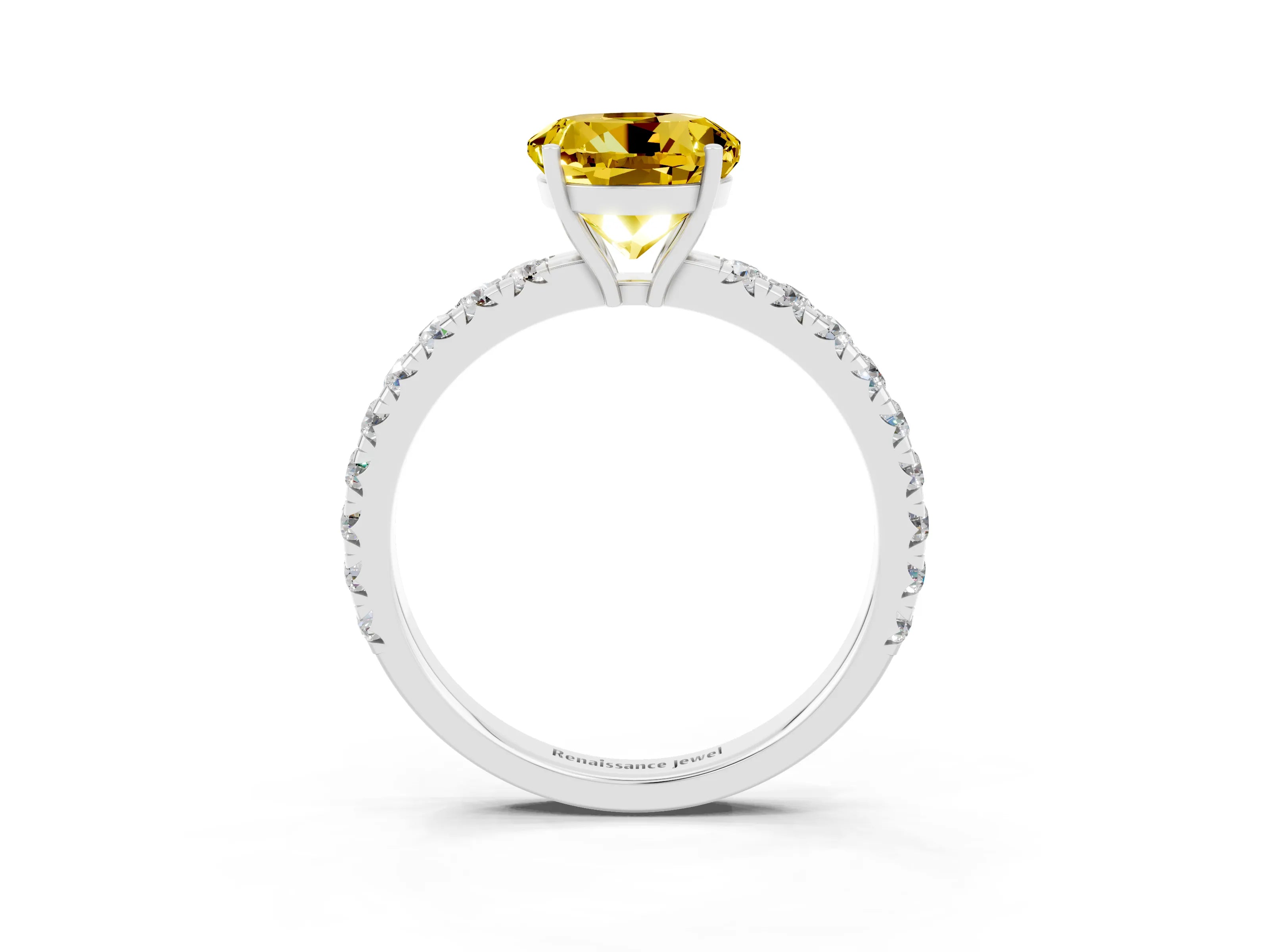 White gold Round Cut Yellow Sapphire Pavé Solitaire Engagement Ring with Four-Prong Setting_15