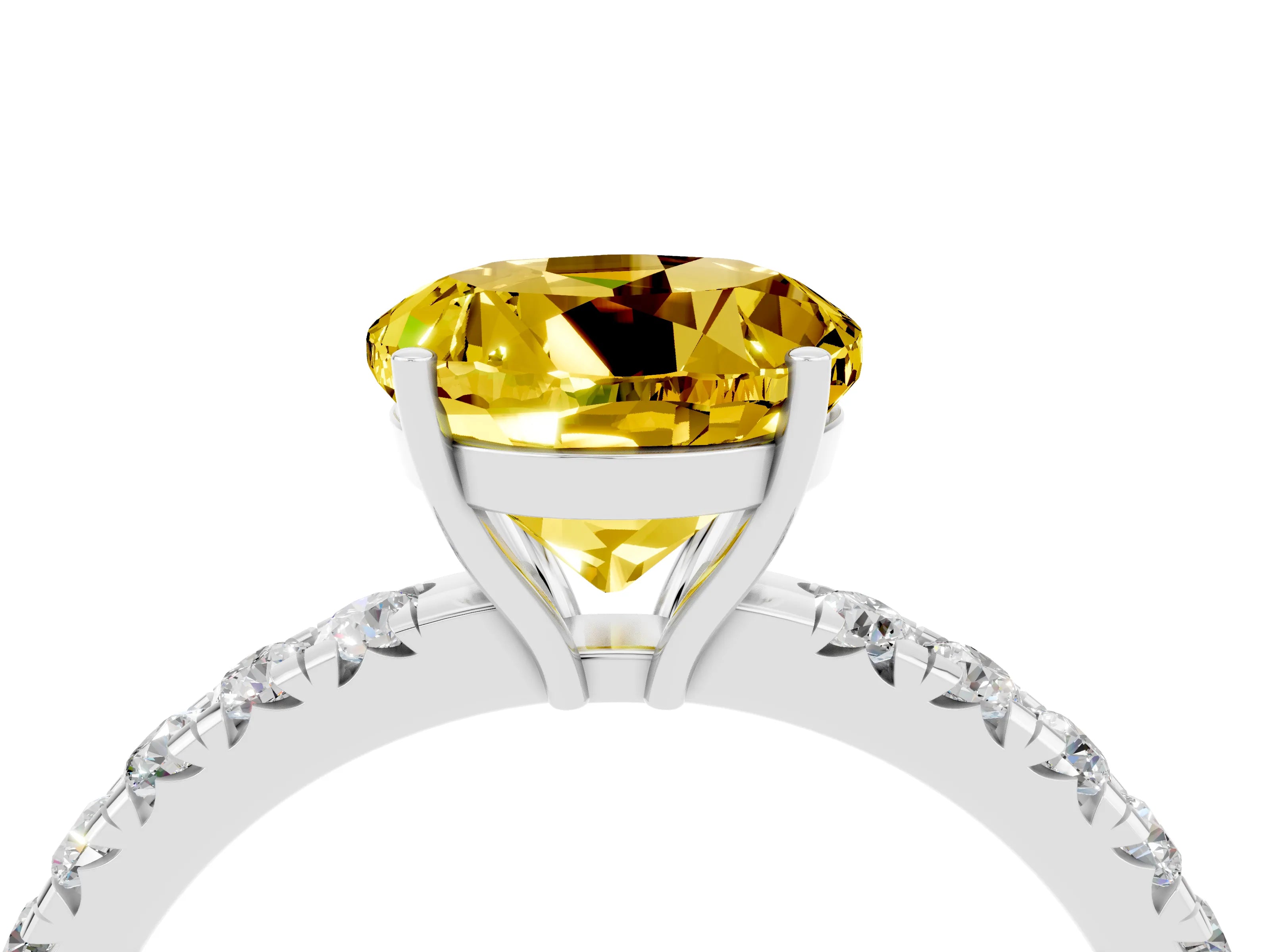 White gold Round Cut Yellow Sapphire Pavé Solitaire Engagement Ring with Four-Prong Setting_16