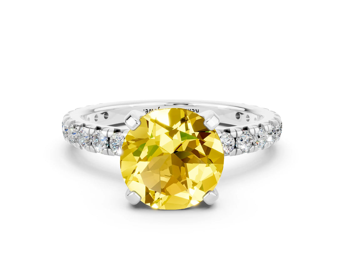 White gold Round Cut Yellow Sapphire Pavé Solitaire Ring with Round Band and Prong Setting_12