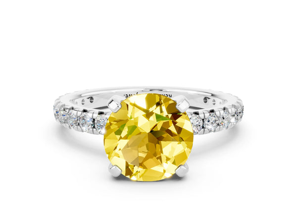 Platinum Round Cut Yellow Sapphire Pavé Solitaire Ring with Round Band and Prong Setting