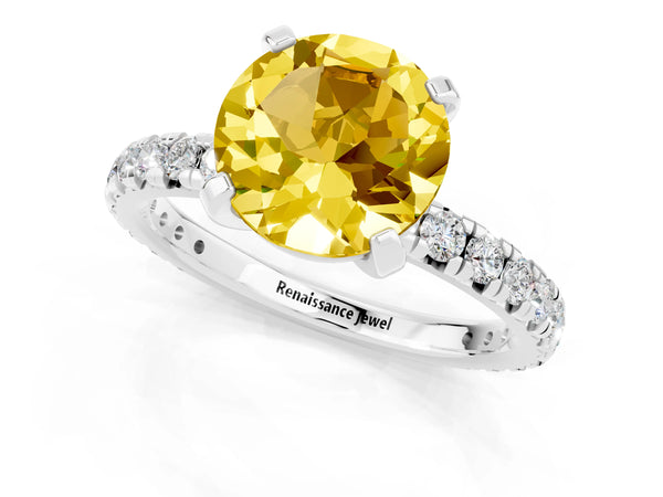 Platinum Round Cut Yellow Sapphire Pavé Solitaire Ring with Round Band and Prong Setting
