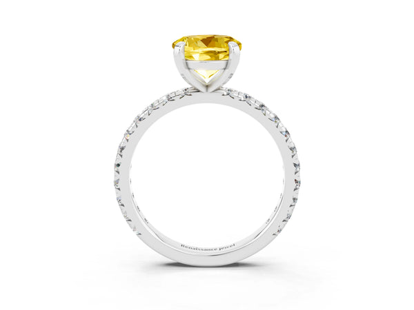 Silver Round Cut Yellow Sapphire Pavé Solitaire Ring with Round Band and Prong Setting