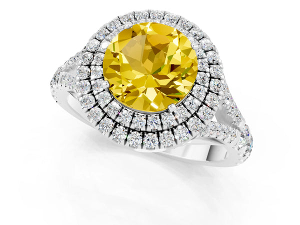 Platinum Round Cut Yellow Sapphire Pavé Split Shank Double Halo Engagement Ring