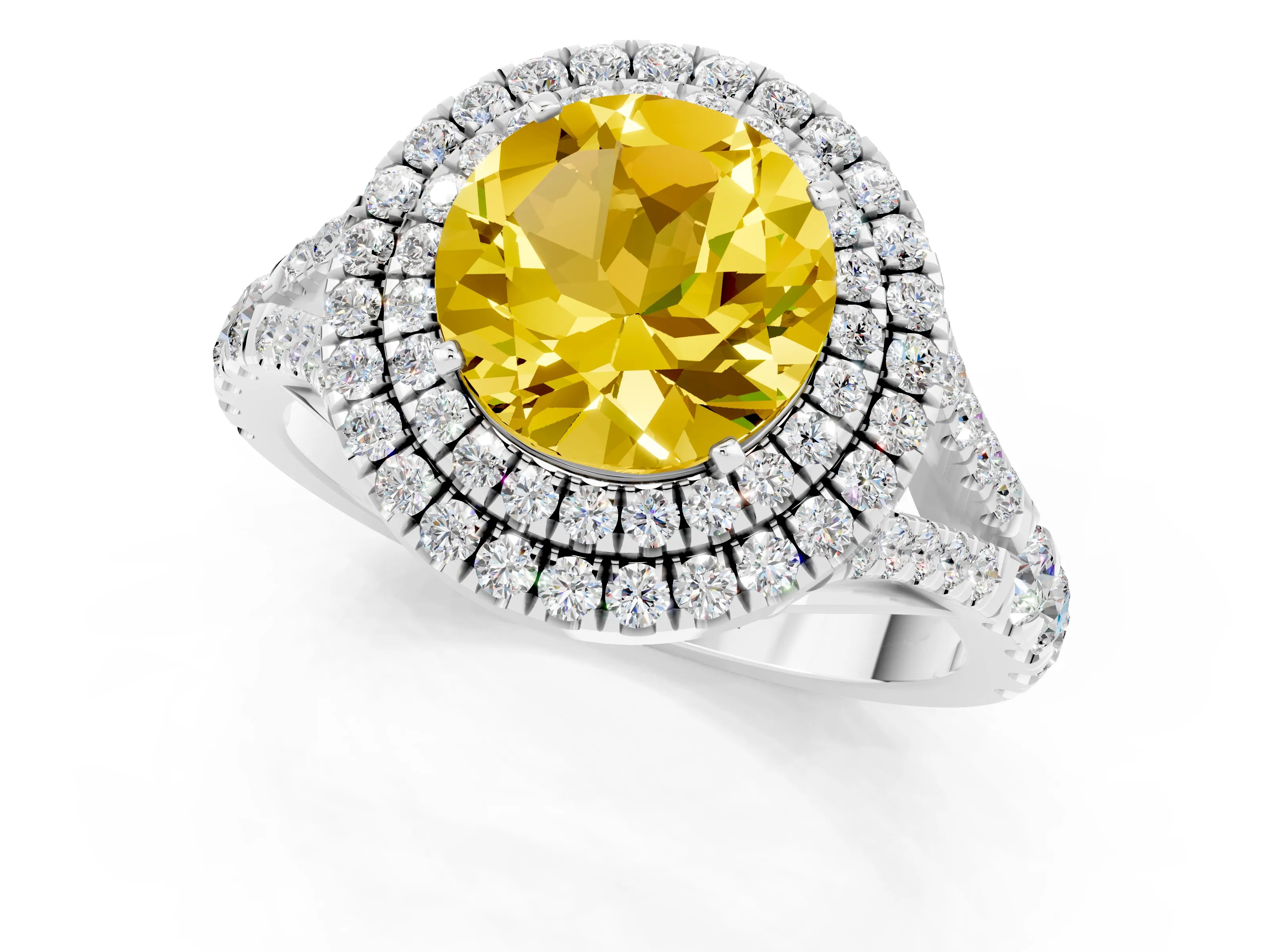 White gold Round Cut Yellow Sapphire Pavé Split Shank Double Halo Engagement Ring_1