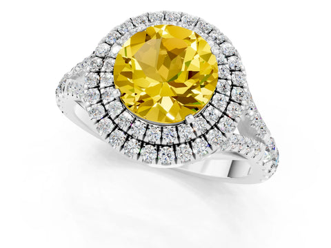 White gold Round Cut Yellow Sapphire Pavé Split Shank Double Halo Engagement Ring_1