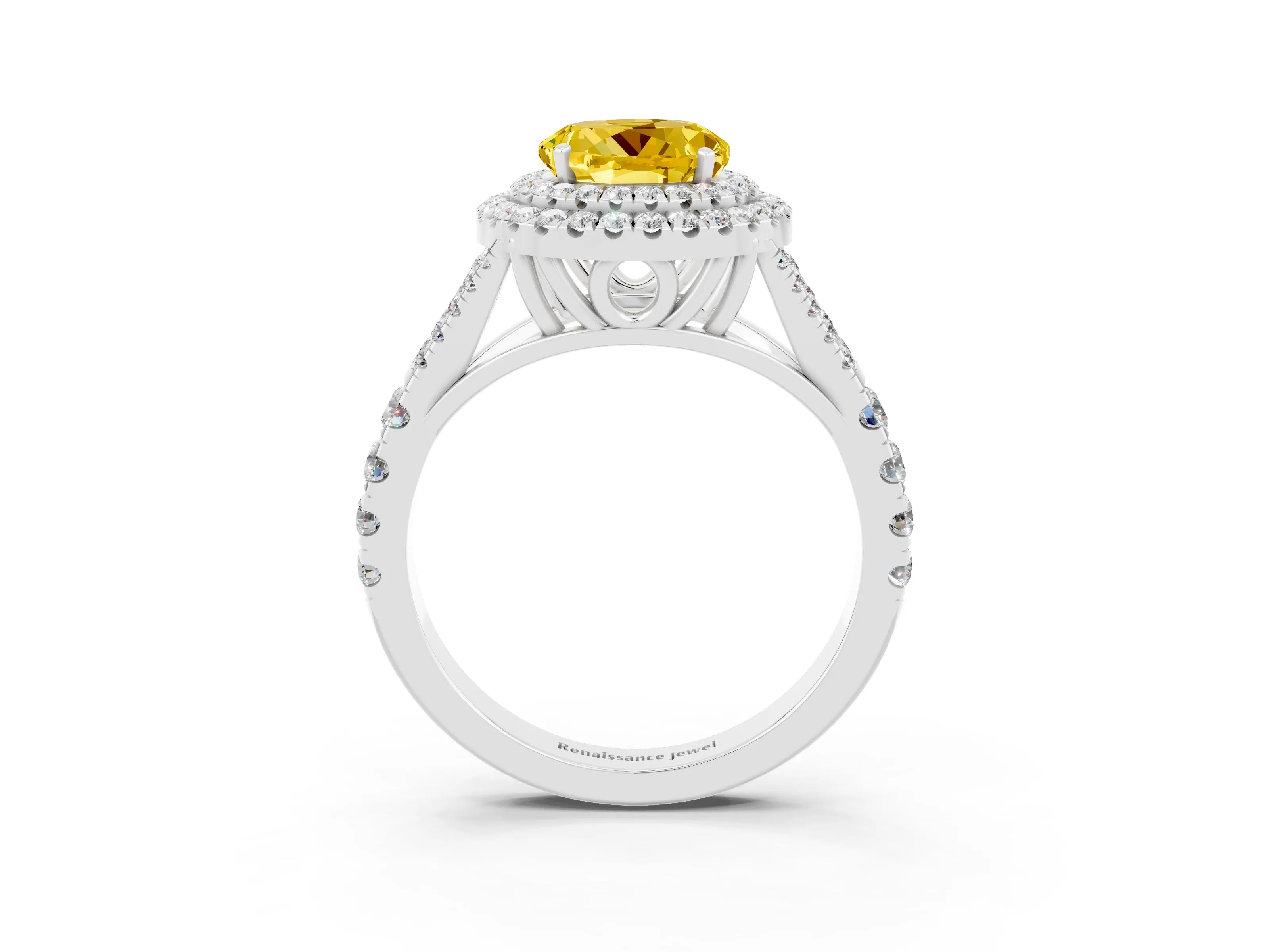 White gold Round Cut Yellow Sapphire Pavé Split Shank Double Halo Engagement Ring_3