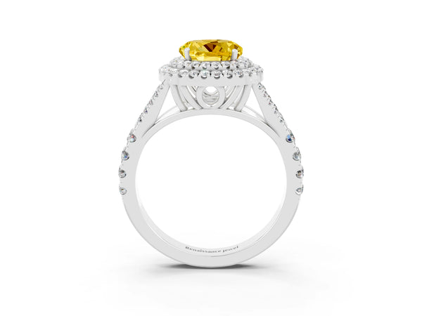 Silver Round Cut Yellow Sapphire Pavé Split Shank Double Halo Engagement Ring