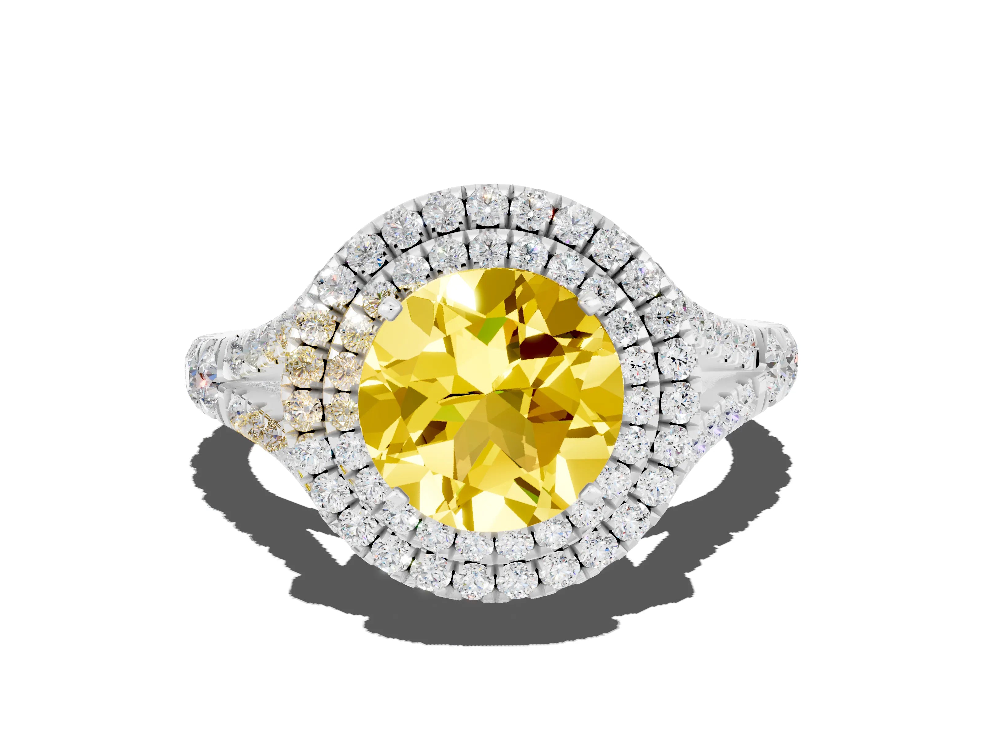 White gold Round Cut Yellow Sapphire Pavé Split Shank Double Halo Engagement Ring