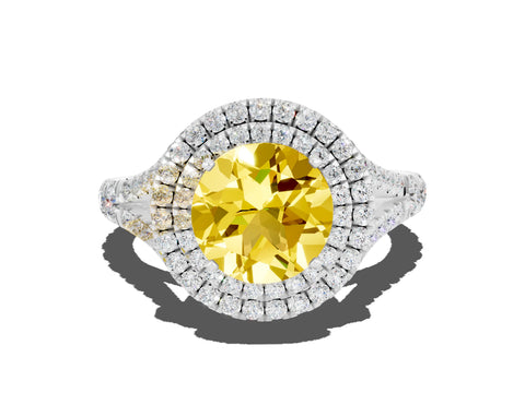 White gold Round Cut Yellow Sapphire Pavé Split Shank Double Halo Engagement Ring