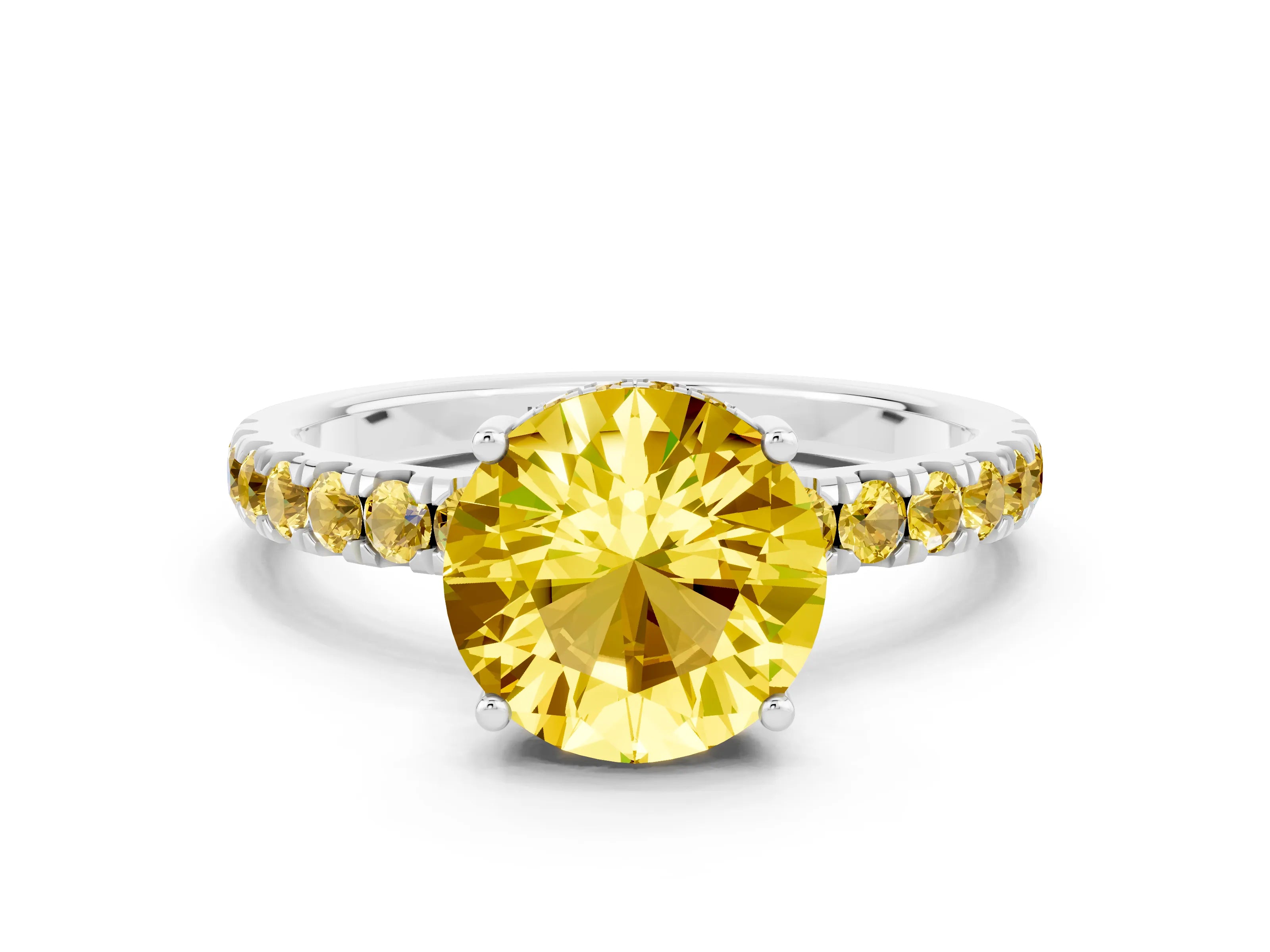 White gold Round Cut Yellow Sapphire Pave Band Solitaire Ring with Four-Prong Setting_12