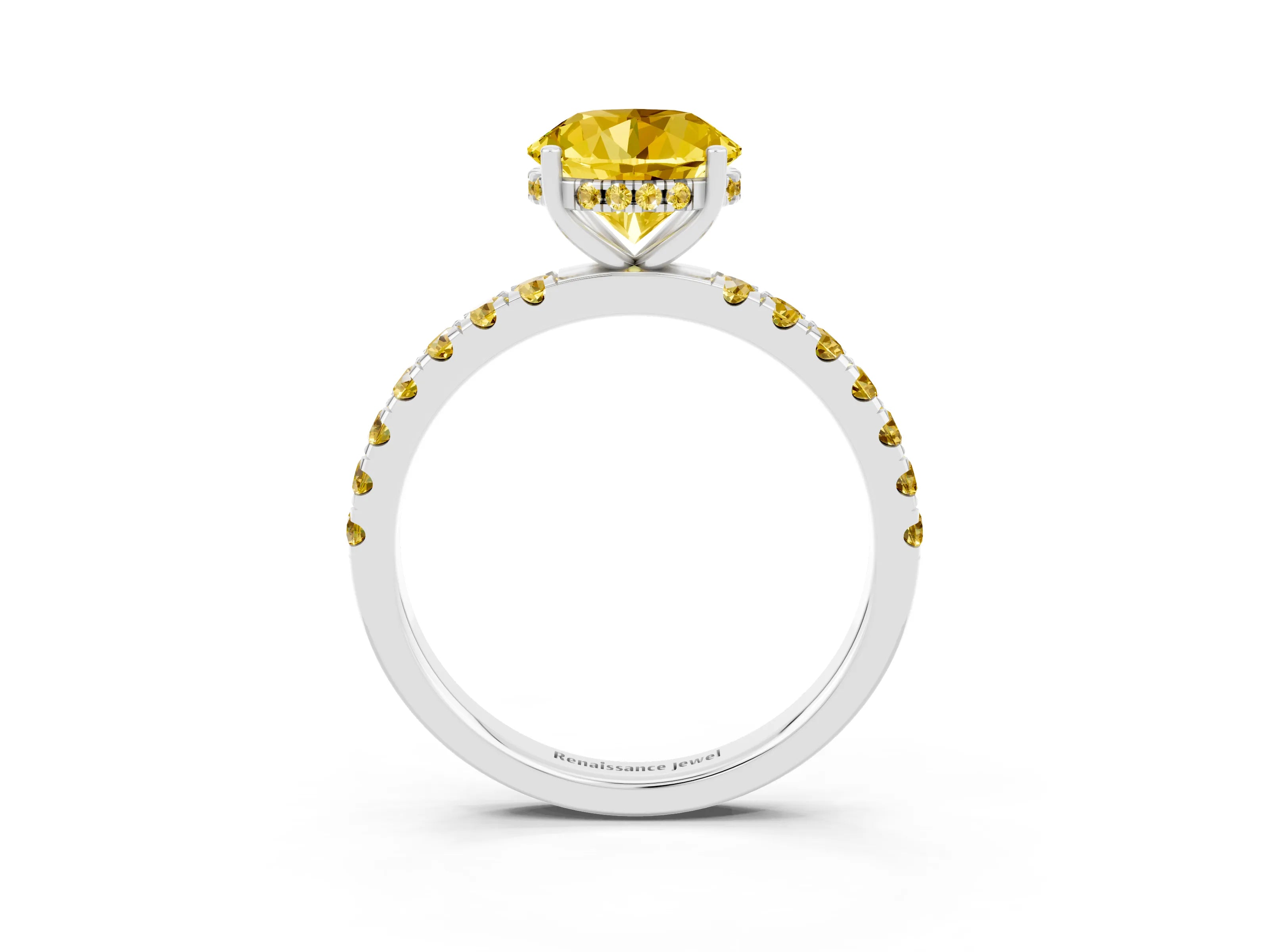 White gold Round Cut Yellow Sapphire Pave Band Solitaire Ring with Four-Prong Setting_15