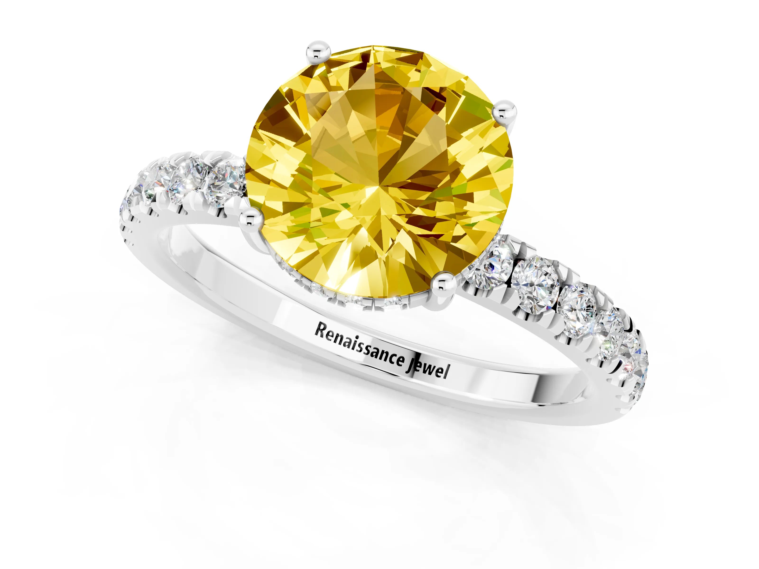 White gold Round Cut Yellow Sapphire Pave Band Solitaire Ring with Four-Prong Setting_61