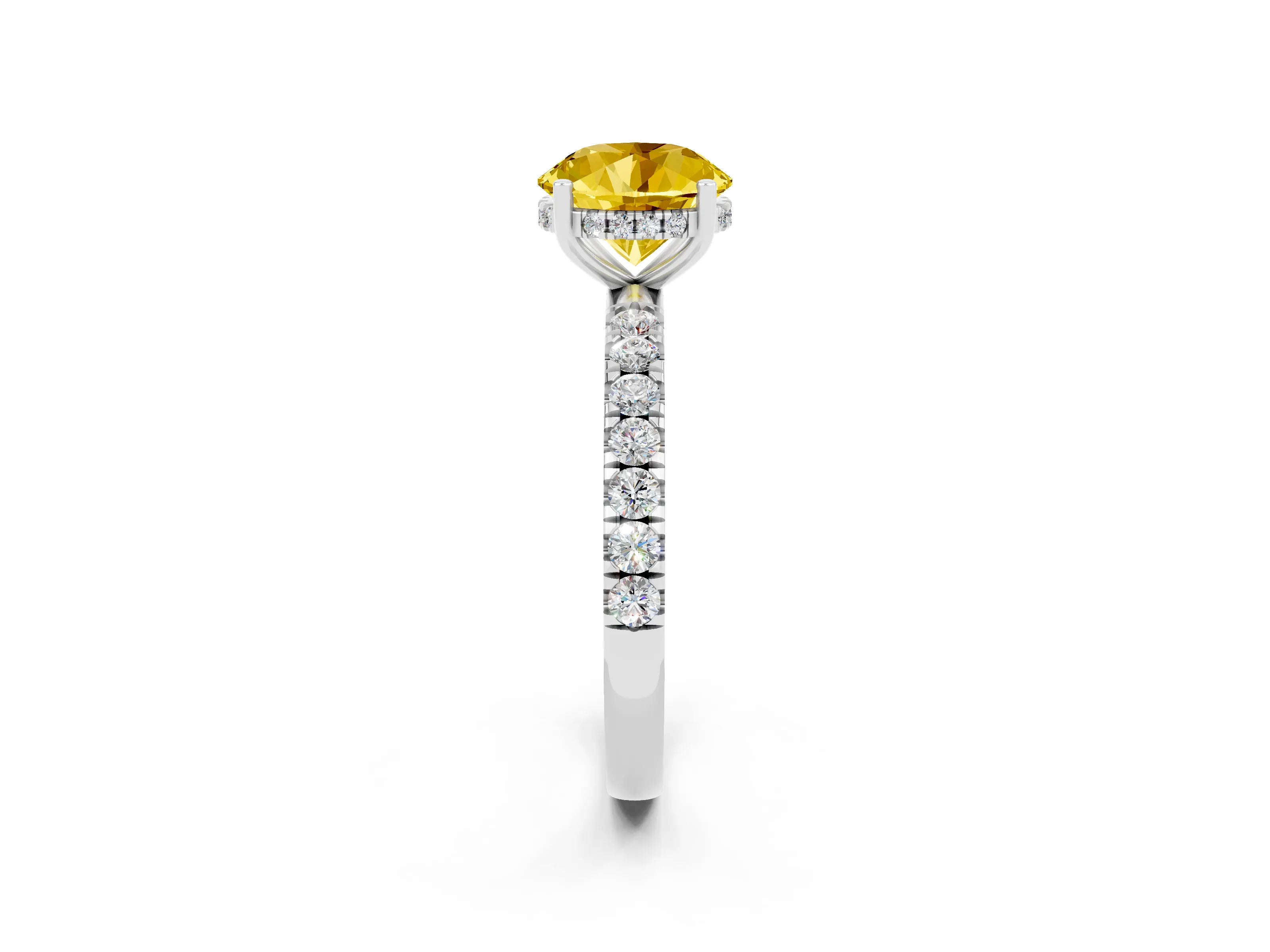 White gold Round Cut Yellow Sapphire Pave Band Solitaire Ring with Four-Prong Setting_62