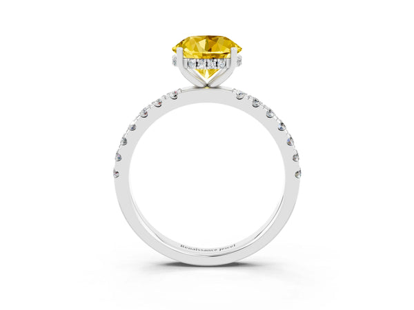 Platinum Round Cut Yellow Sapphire Pave Band Solitaire Ring with Round  and Prong Setting