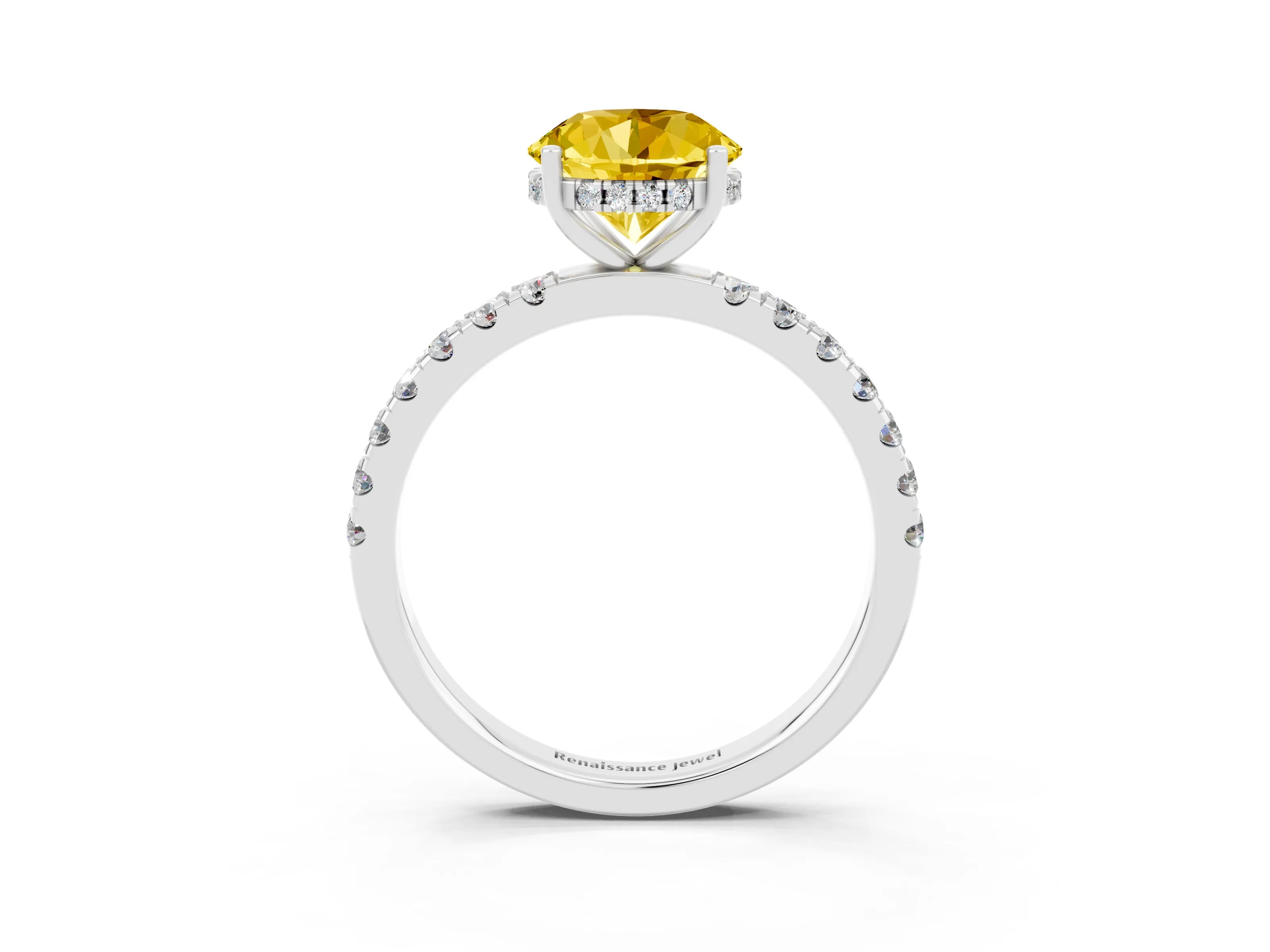 White gold Round Cut Yellow Sapphire Pave Band Solitaire Ring with Four-Prong Setting_63