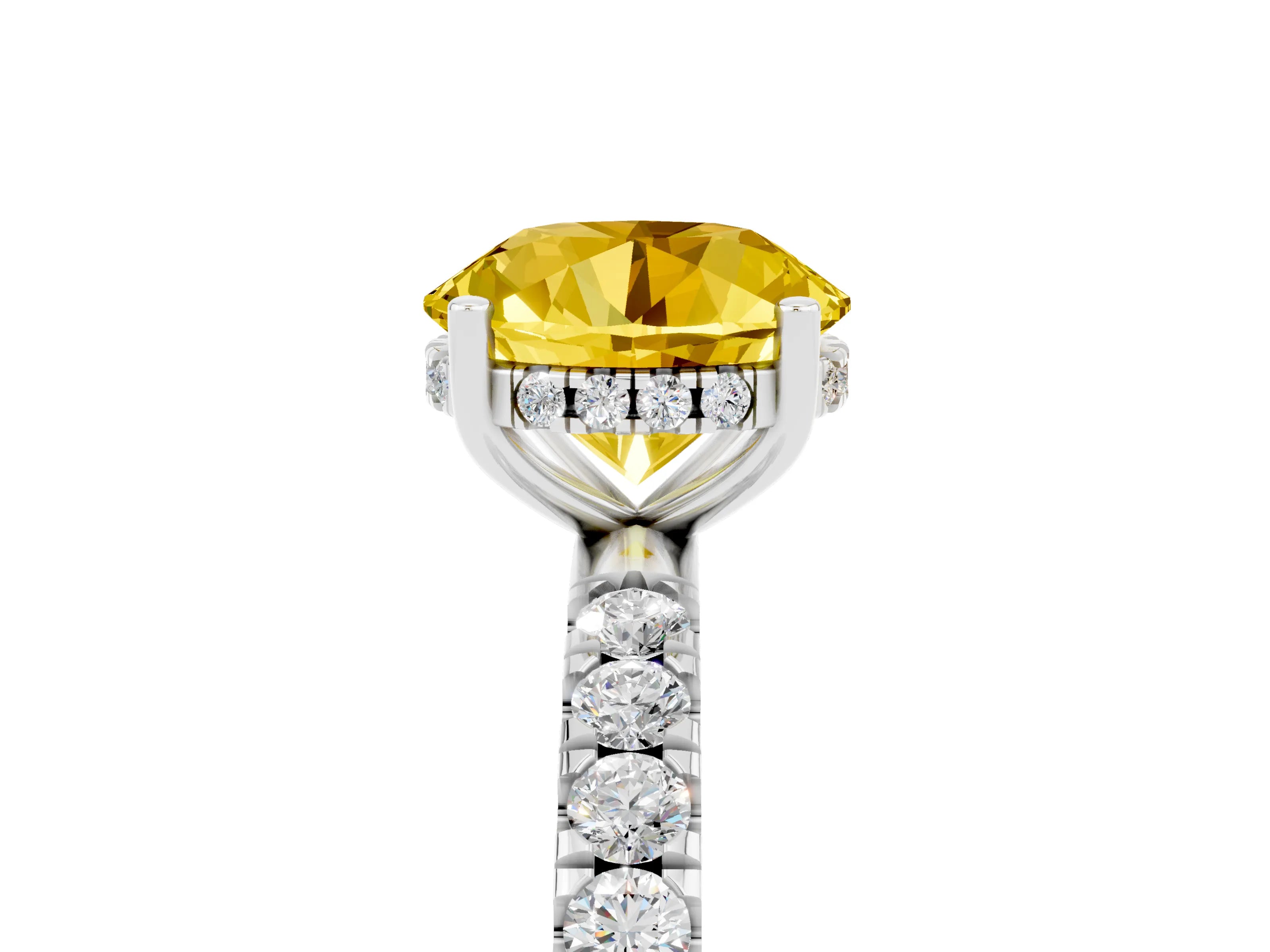 White gold Round Cut Yellow Sapphire Pave Band Solitaire Ring with Four-Prong Setting_65