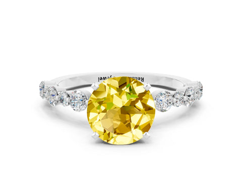 White gold Round Cut Yellow Sapphire Prong Set Engagement Ring with Pavé Band_12