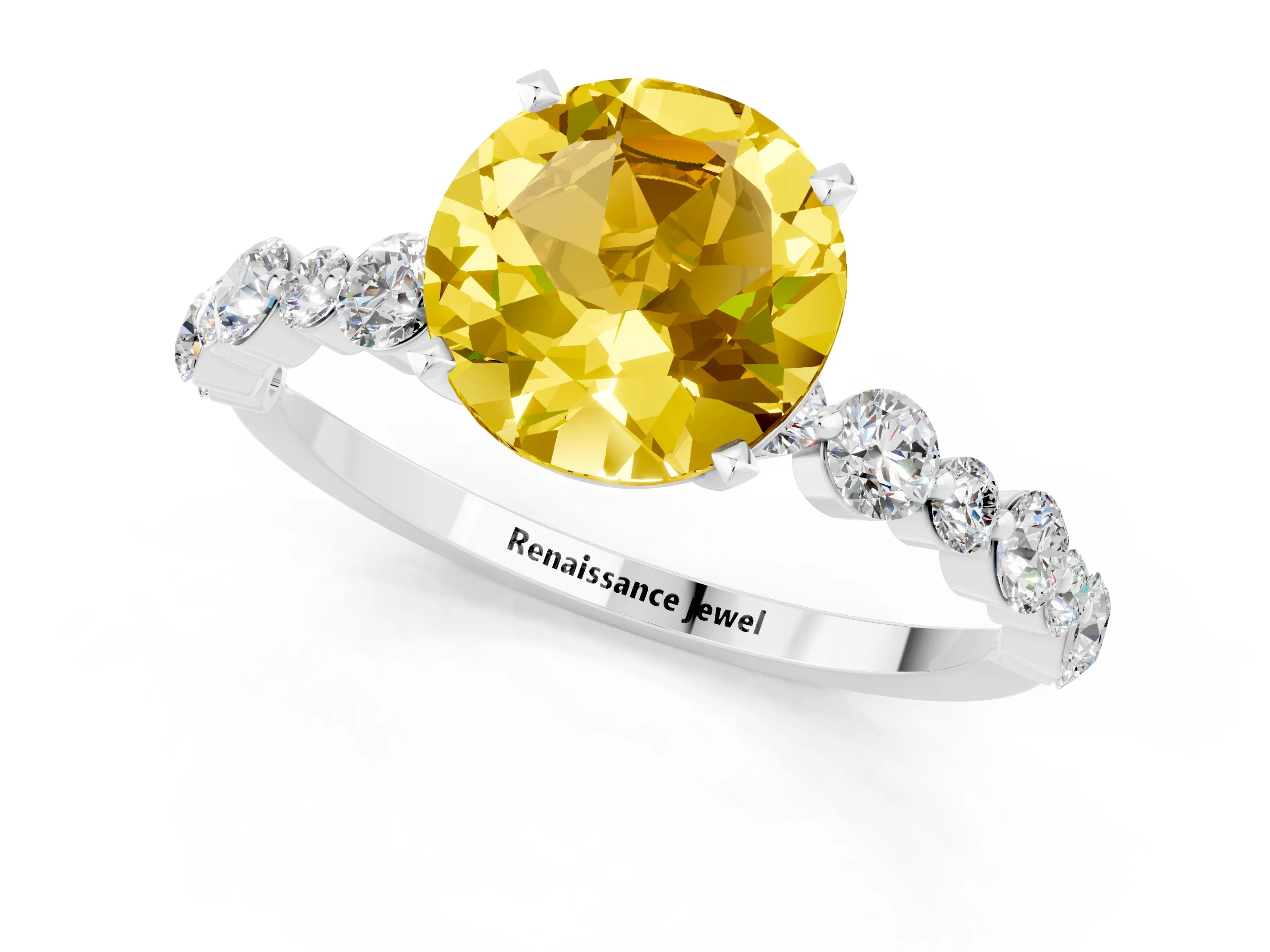 White gold Round Cut Yellow Sapphire Prong Set Engagement Ring with Pavé Band_13