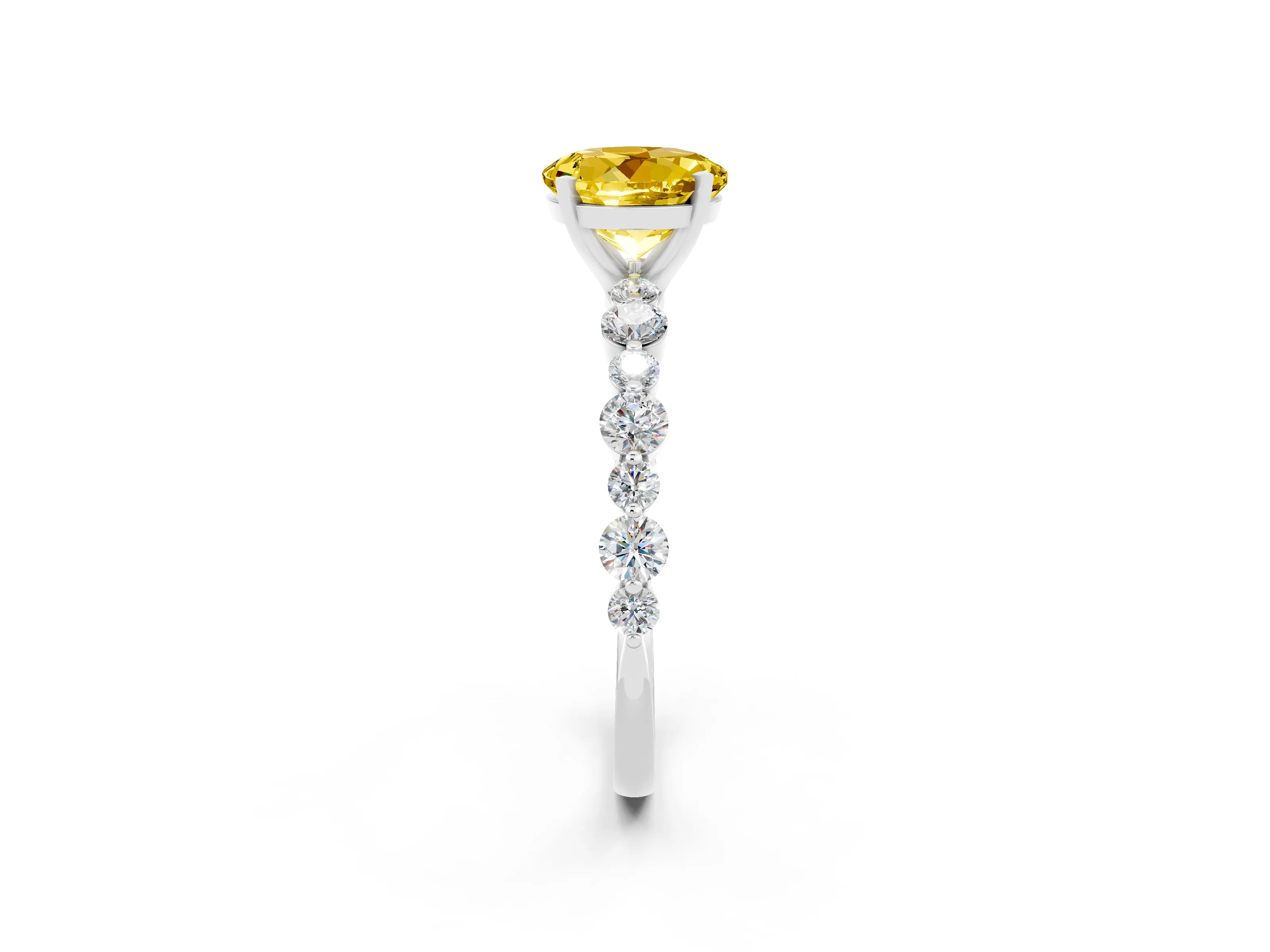 White gold Round Cut Yellow Sapphire Prong Set Engagement Ring with Pavé Band_14